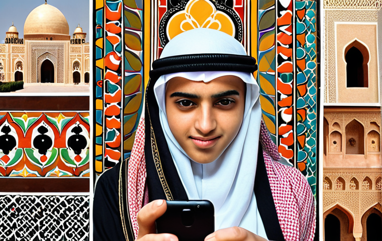 **
A vibrant digital collage representing the impact of social media on Arab youth. Include elements like smartphones, diverse faces, traditional Arabic patterns, and a subtle overlay of global landmarks. The overall feeling should be a balance between connection and cultural identity.
**
