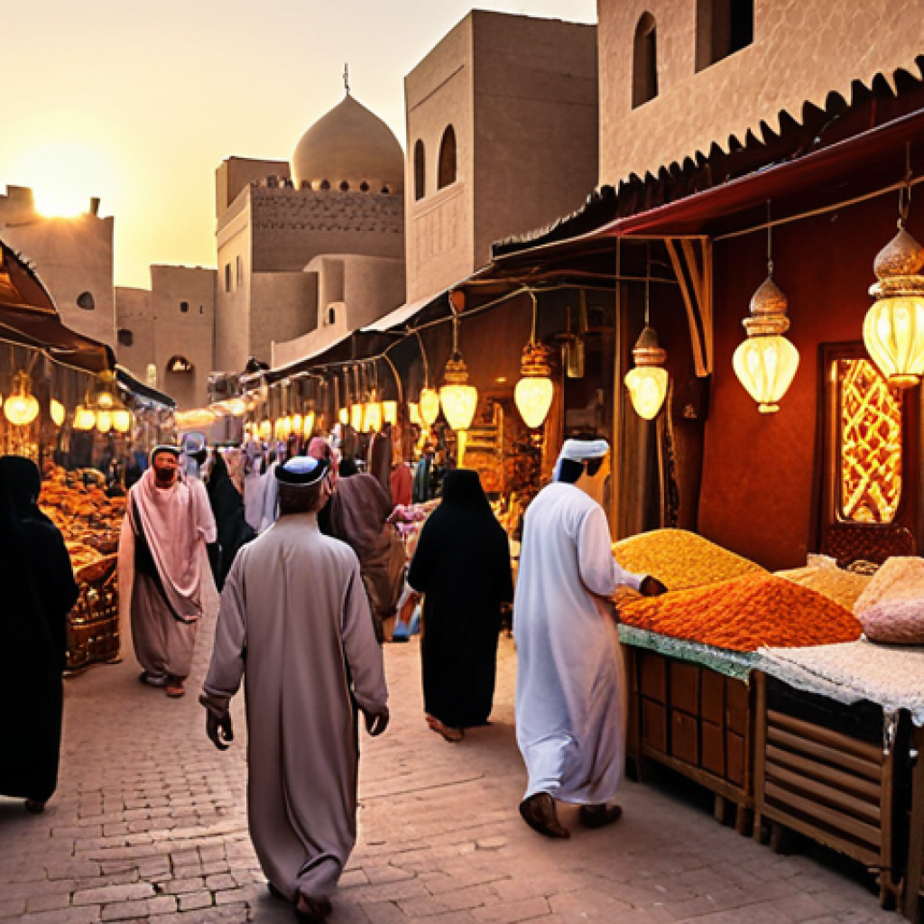 **

A bustling Middle Eastern marketplace scene at sunset.  Traditional Arabic architecture, vibrant colors, people in traditional clothing haggling over goods, warm lighting, sense of community and celebration. Focus on authenticity and cultural richness.

**