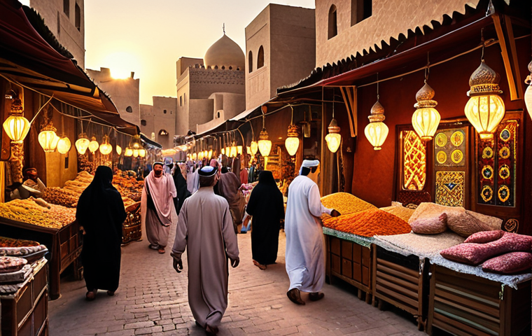 **
A bustling Middle Eastern marketplace scene at sunset. Traditional Arabic architecture, vibrant colors, people in traditional clothing haggling over goods, warm lighting, sense of community and celebration. Focus on authenticity and cultural richness.
**