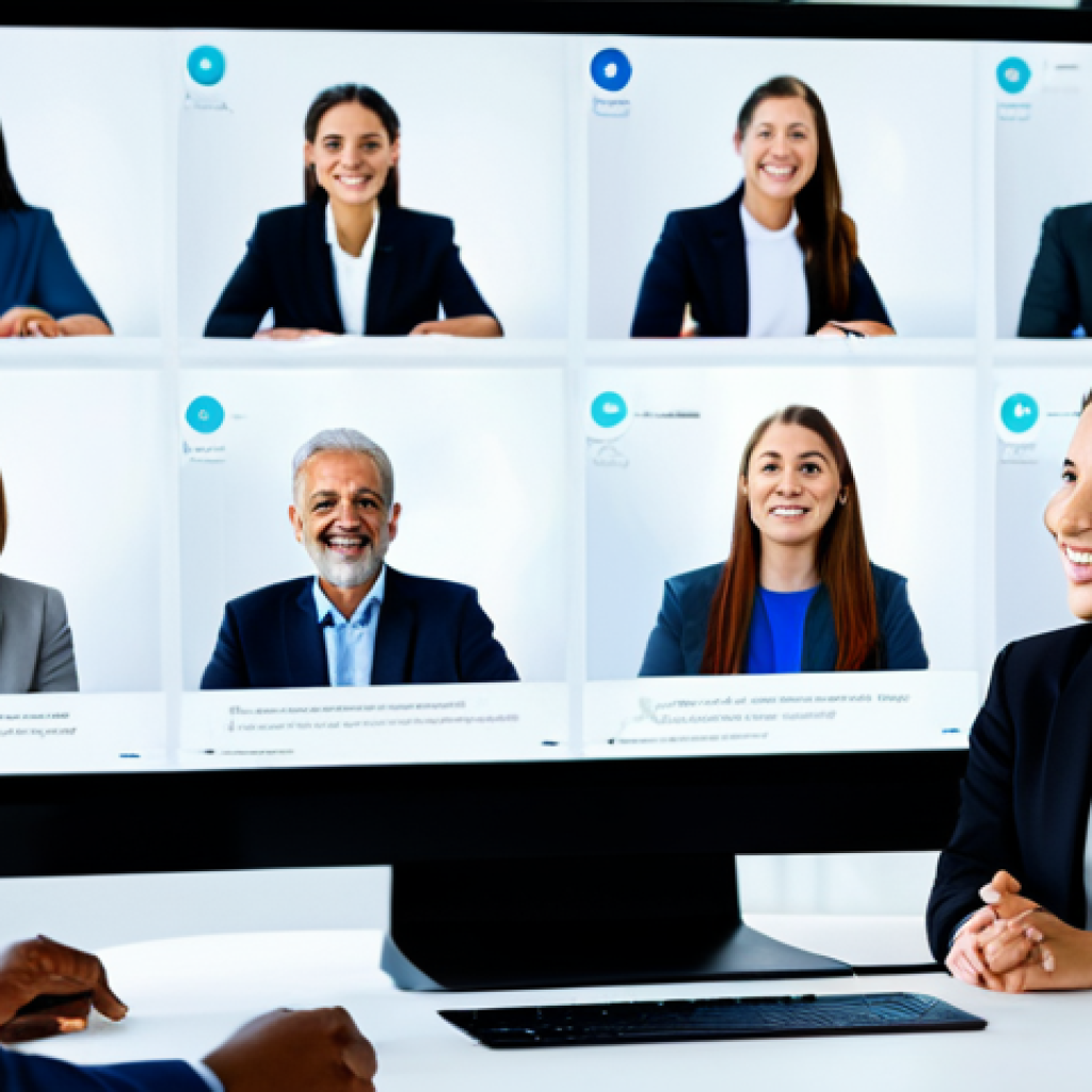 A diverse group of professionals from different backgrounds, fully clothed in modest business attire, engaged in a collaborative virtual meeting. They are seen on a split screen or within a clean, modern digital workspace interface, interacting with each other with natural, positive expressions. The background features abstract digital lines and a subtle glow, representing global connectivity and innovation. The overall image emphasizes teamwork and technological advancement. professional photography, high resolution, clear focus, vibrant colors, perfect anatomy, correct proportions, natural pose, well-formed hands, proper finger count, natural body proportions, safe for work, appropriate content, family-friendly.