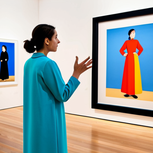 **Interactive Art Exhibition:** "A fully clothed woman wearing modest contemporary clothing interacts with a digital art installation in a modern art gallery. The artwork features vibrant colors and responds to her movements. Background includes blurred figures admiring the art. Safe for work, appropriate content, perfect anatomy, correct proportions, natural pose, professional photography, high quality, well-formed hands, proper finger count, family-friendly."
