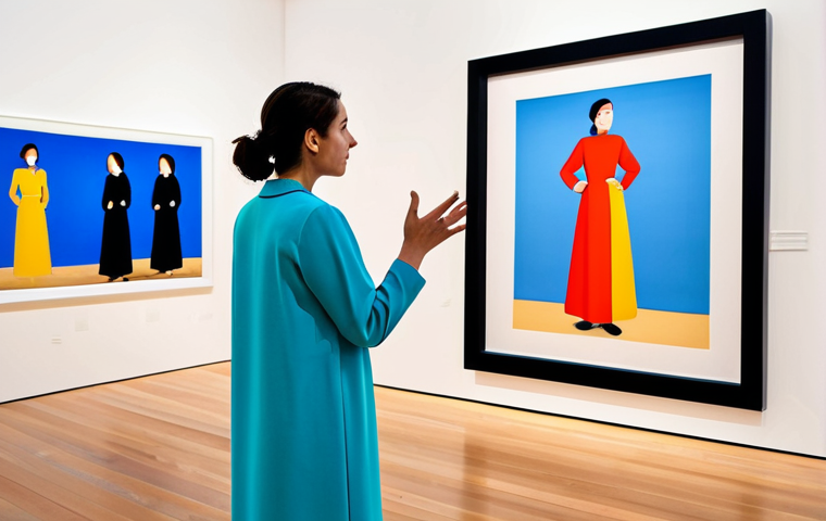 **Interactive Art Exhibition:** "A fully clothed woman wearing modest contemporary clothing interacts with a digital art installation in a modern art gallery. The artwork features vibrant colors and responds to her movements. Background includes blurred figures admiring the art. Safe for work, appropriate content, perfect anatomy, correct proportions, natural pose, professional photography, high quality, well-formed hands, proper finger count, family-friendly."