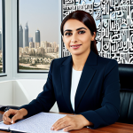 Professional Businesswoman**

A professional businesswoman in a modest business suit, sitting at a desk in a modern office with Arabic calligraphy art on the walls, fully clothed, appropriate attire, safe for work, perfect anatomy, natural proportions, professional photography, high quality, "modest". The office has a view of a modern city skyline.

**