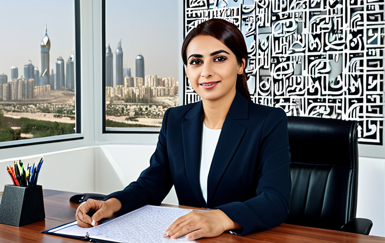 Professional Businesswoman**
A professional businesswoman in a modest business suit, sitting at a desk in a modern office with Arabic calligraphy art on the walls, fully clothed, appropriate attire, safe for work, perfect anatomy, natural proportions, professional photography, high quality, "modest". The office has a view of a modern city skyline.
**