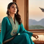 미디어 산업의 국제화 - A young Arab woman, elegantly dressed in contemporary modest fashion including a long-sleeved abaya ...