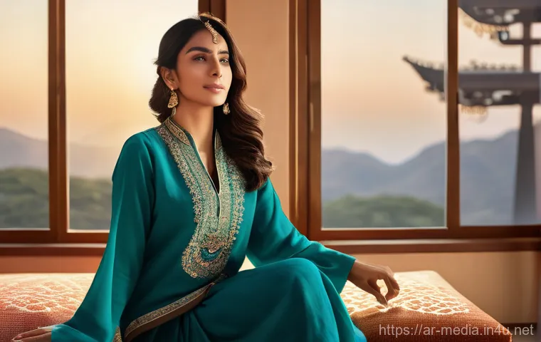 미디어 산업의 국제화 - A young Arab woman, elegantly dressed in contemporary modest fashion including a long-sleeved abaya ...