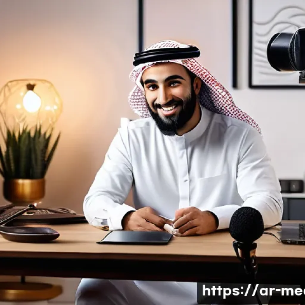 인터넷 방송 - A modern Arabic content creator streaming live from a stylish home studio, using a professional 1080...