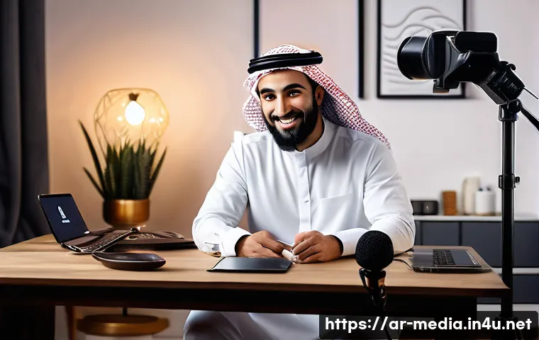 인터넷 방송 - A modern Arabic content creator streaming live from a stylish home studio, using a professional 1080...