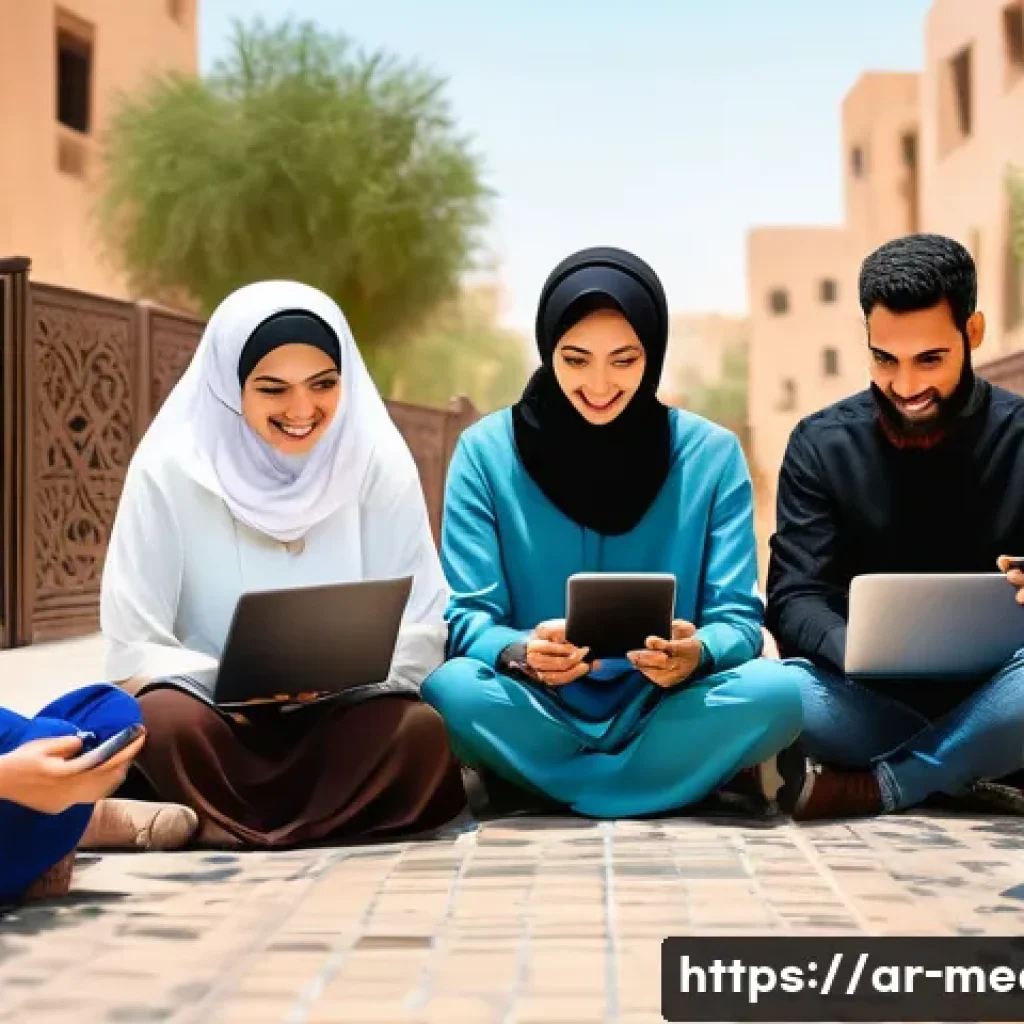 미디어와 시민참여 - A vibrant digital community forum scene set in a Middle Eastern urban environment, featuring diverse...