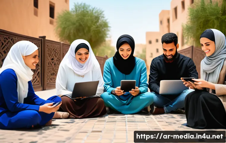 미디어와 시민참여 - A vibrant digital community forum scene set in a Middle Eastern urban environment, featuring diverse...