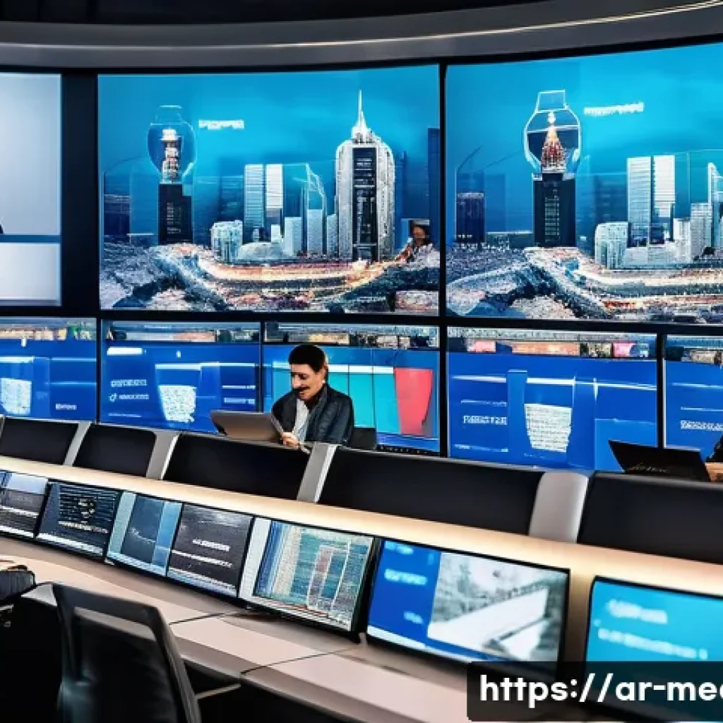 미디어의 정치적 경제학 - A professional Middle Eastern newsroom scene featuring diverse journalists in modern attire, working...