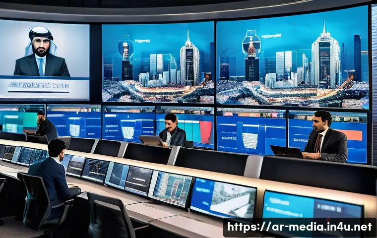 미디어의 정치적 경제학 - A professional Middle Eastern newsroom scene featuring diverse journalists in modern attire, working...