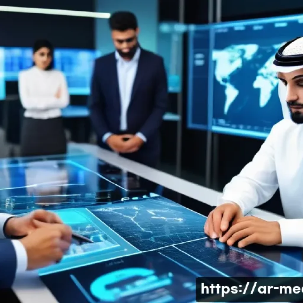 미디어 산업 구조 - A modern digital newsroom scene featuring diverse Arab journalists working collaboratively with adva...