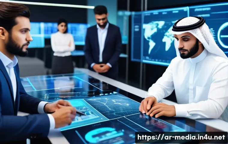 미디어 산업 구조 - A modern digital newsroom scene featuring diverse Arab journalists working collaboratively with adva...
