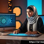 미디어와 크리에이티브 산업 - A vibrant digital art scene depicting an Arab content creator workspace, featuring a young Middle Ea...
