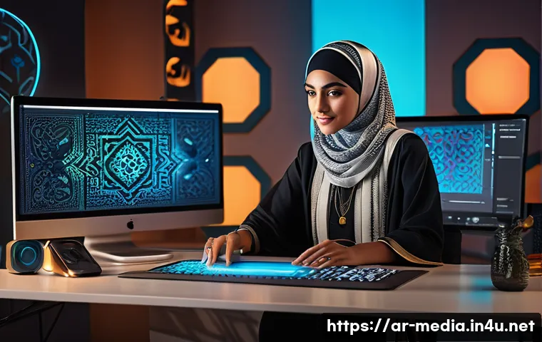 미디어와 크리에이티브 산업 - A vibrant digital art scene depicting an Arab content creator workspace, featuring a young Middle Ea...