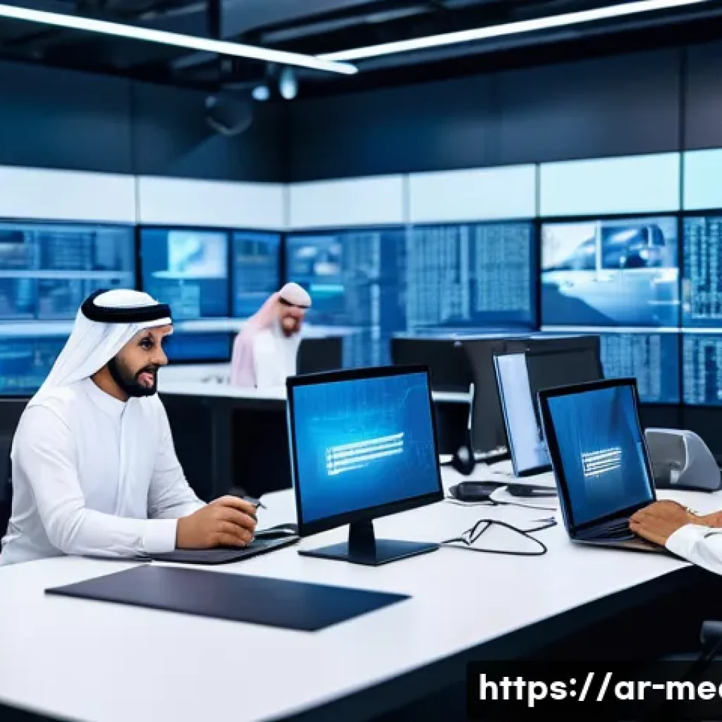 미디어의 미래 연구 - A vibrant digital newsroom scene set in a modern Middle Eastern media office, featuring diverse Arab...