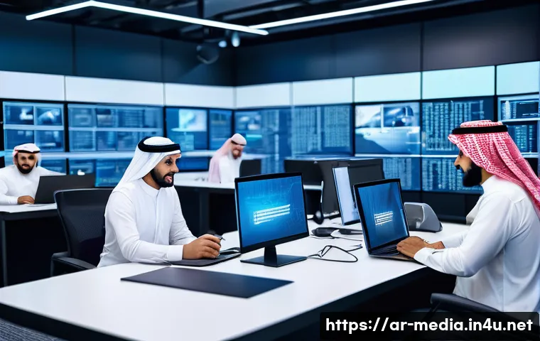미디어의 미래 연구 - A vibrant digital newsroom scene set in a modern Middle Eastern media office, featuring diverse Arab...
