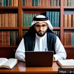 미디어학 박사과정 - A detailed academic workspace scene set in a modern Middle Eastern university office, featuring an A...