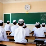 디지털 미디어의 교육적 활용 - A modern classroom scene in a Middle Eastern school featuring Arab students and a teacher engaging w...