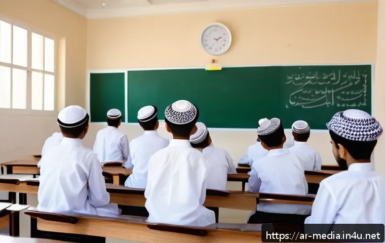 디지털 미디어의 교육적 활용 - A modern classroom scene in a Middle Eastern school featuring Arab students and a teacher engaging w...