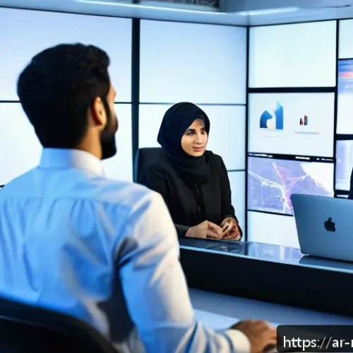 미디어와 테크놀로지 - A dynamic digital newsroom scene set in a modern Middle Eastern media office, featuring diverse Arab...