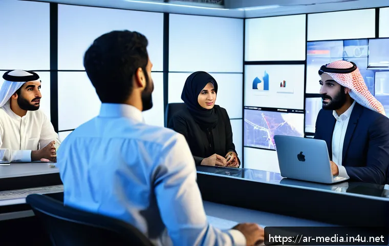 미디어와 테크놀로지 - A dynamic digital newsroom scene set in a modern Middle Eastern media office, featuring diverse Arab...
