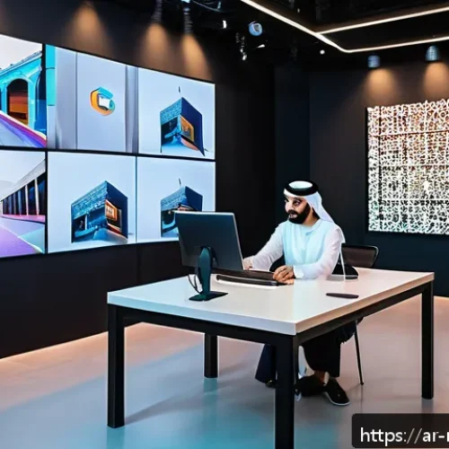 미디어 산업의 다각화 - A vibrant digital media studio set in a modern Arab city environment, showcasing diverse young Arab ...