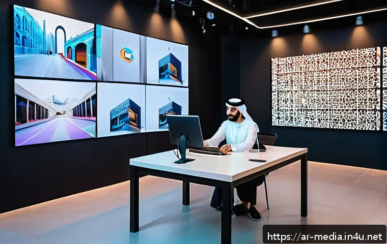 미디어 산업의 다각화 - A vibrant digital media studio set in a modern Arab city environment, showcasing diverse young Arab ...