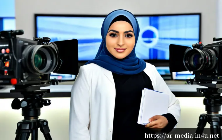 미디어와 정치적 권력 - Photorealistic editorial scene of an Arab female television journalist in a modern Middle Eastern ne...
