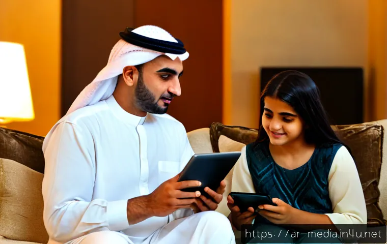 미디어 및 기술 변화 - Photorealistic modern Arab family in a bright living room, grandparents and teenagers comfortably co...